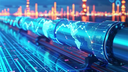 futuristic view of data transmission, representing global connectivity, with a sleek pipeline carrying information across the digital landscape