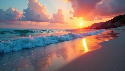 Serene beach scene at sunset, tranquil ocean waves gently lapping the shore , sand, horizon