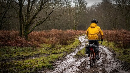 Cyclist Rides Through Muddy Trail in Autumn Woods