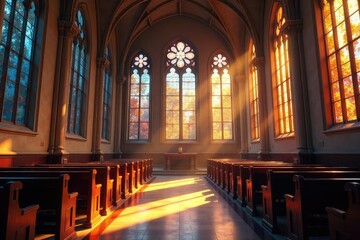 Fototapeta premium Serene church interior, sunlight streaming through stained glass windows , belief, christianity