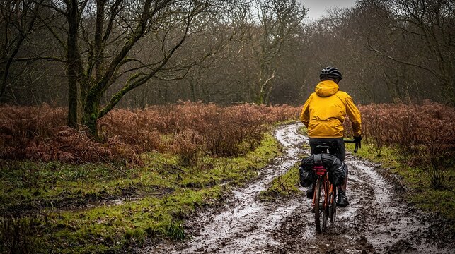 Cyclist Rides Through Muddy Trail in Autumn Woods - Powered by Adobe