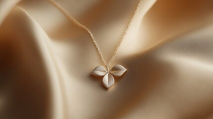 Close up of a gold leaf pendant necklace on a soft beige satin fabric background in soft lighting