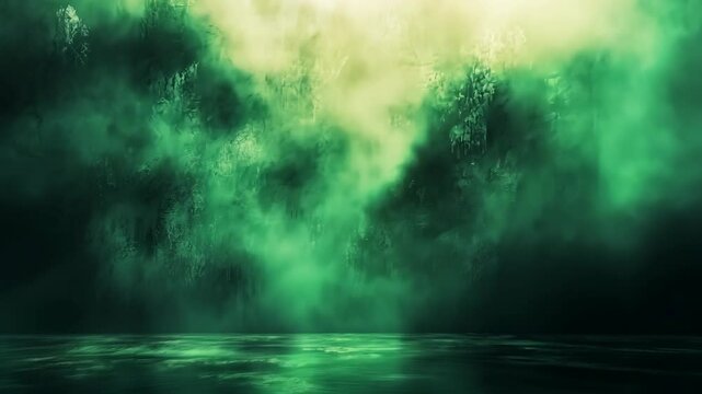 Eerie green mist shrouds a dark, reflective surface, creating a mysterious, atmospheric scene
