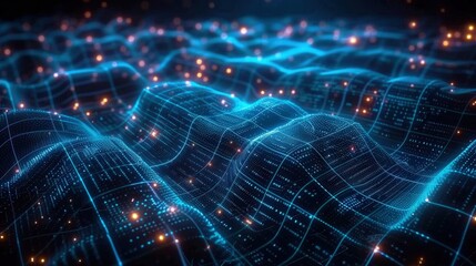 Obraz premium A stunning visualization of a digital network with glowing data points in a wavy structure.