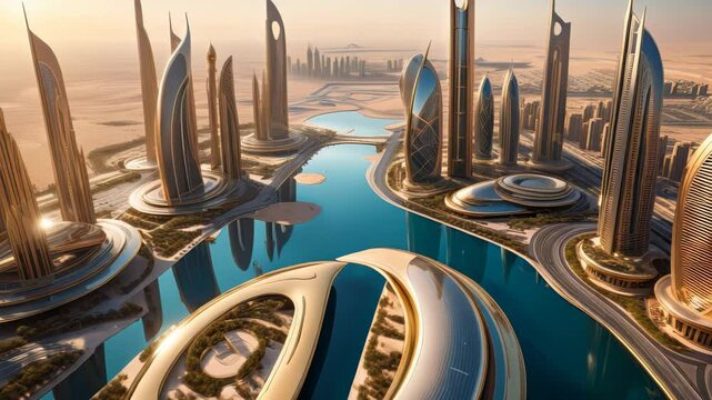 Futuristic skyline with innovative skyscrapers and canals under golden light in sci-fi architectural style. Concept of utopian urban future