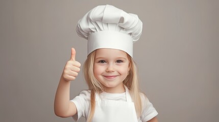 A little girl wearing a chef's hat gives a thumbs up.