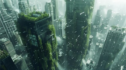 Obraz premium a dystopian cityscape with nature reclaiming its place, towering skyscrapers. A captivating scene where nature takes over the concrete jungle, a symbol of the resilience of the environment