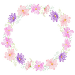 Round frame with purple and pink cosmea flowers (Cosmos bipinnatus) Hand-drawn watercolor floral frame perfect for wedding invitations, botanical prints, minimalist home decor, romantic greeting cards