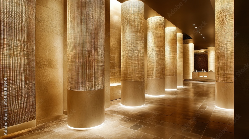 Poster illuminated corridor with textured columns and warm lighting, creating an inviting modern architectu