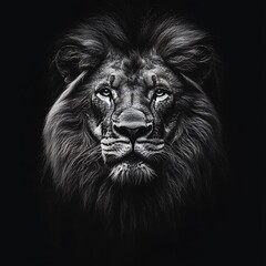 Fototapeta premium Majestic lion portrait, dark background, wildlife photography, ideal for nature documentaries