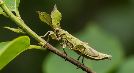 Obraz premium Leaf Insect on a Branch: Nature's Master of Camouflage