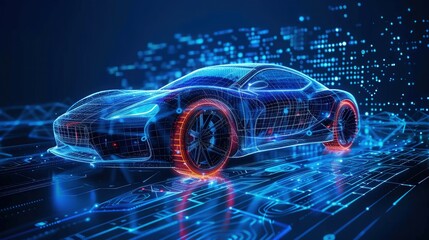 An eye-catching digital illustration of a futuristic car with glowing wireframe details.