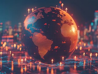 A futuristic globe surrounded by ascending arrows, symbolizing global economic progress, focus on innovation, ethereal, multilayer, tech-themed backdrop
