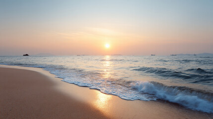 breathtaking sunrise over calm sea with soft pastel colors illuminating sky and water