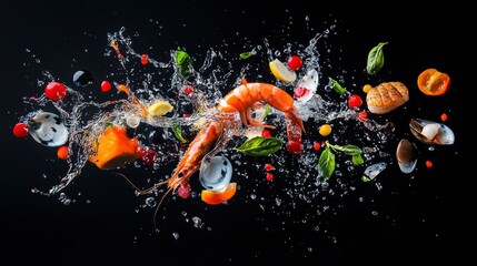 fresh seafood and water splashes. bright orange shrimp, surrounded by other seafood elements such as scallops, mussels, and possibly berries or small fruits, in a dramatic splash of water.