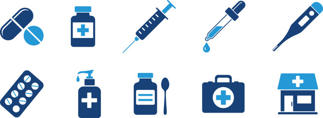 Healthcare or Medical Icons Set. including Pills, Syringes, dropper, Thermometer, medicine bottle,
hand sanitizer, First Aid Kit, Clinic. medical equipment icons vector