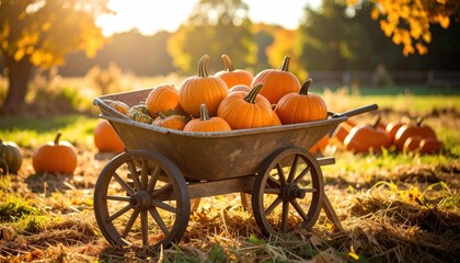 Rustic wheelbarrow filled with autumn pumpkins