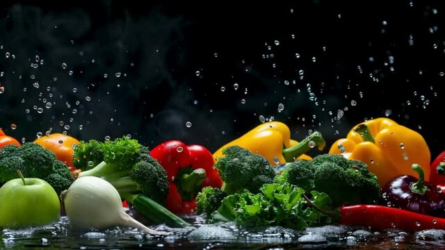 fresh vegetables in splashing water