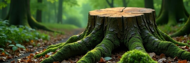 Fototapeta premium Massive, moss-covered oak stump, weathered, alone , image, macro