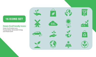 Eco-Friendly Icons Set. renewable energy icons, include Sustainability, Renewable Energy,
renewable energy sources, eco-friendl products, EcoFriendly Practices. Flat Green Eco Icon,
Solid icons vector