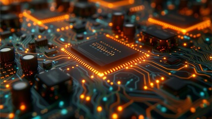 Close-up view of a computer microchip with glowing orange circuits on a dark green circuit board