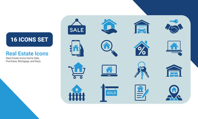 Real Estate Icons Set. Include house, property, sales sign, keys, mortgage, online search,
and contract. Real Estate Flat Icons. Real Estate Solid Icons. Real Estate Icons