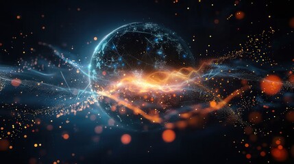 Abstract digital artwork of a glowing globe symbolizing technological advancement and data flow.