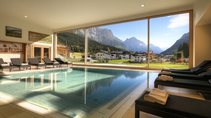 Fototapeta premium Panoramic mountain view indoor swimming pool area.