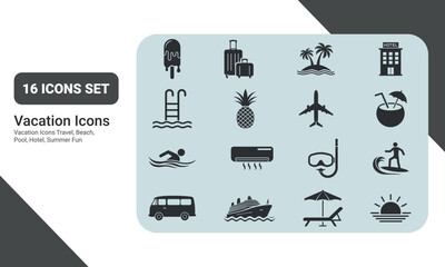 Travel and Vacation Icons Set. Include vacation activities, including travel, swimming,
summer, pool, surfing, and relaxing on a beach. simple flat icons, solid icons vector illustration