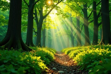 Naklejka premium Sunlight dapples forest floor, vibrant green spring foliage , growth, dappled