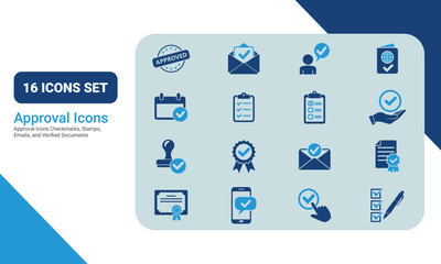 Approval or Checkmarks Icons Set. approval, verification, checklists, emails, documents,
and certifications. Various approval methods shown. flat icons, solid icons vector