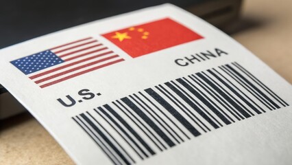 Global Trade Tension U.S. and China flags with barcode, symbolizing trade relations and global commerce.
