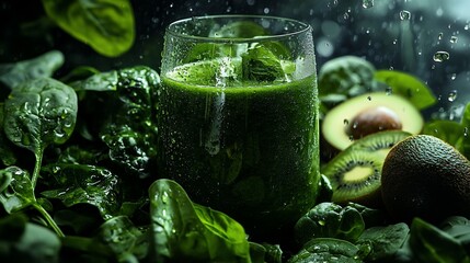 Fresh and healthy green smoothie with spinach, kiwi and avocado