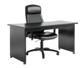 A modern black desk with an executive chair, perfect for work, isolated on a solid black backdrop.