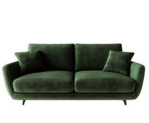 A luxurious green velvet sofa with pillows, ideal for modern living spaces with dark backgrounds.