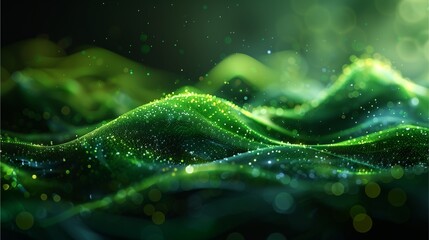 an abstract digital render of vibrant green waves with a bokeh effect, with highlights and shadows creating depth and texture. The composition evokes a sense of energy and dynamism