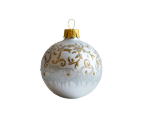 Elegant white Christmas ornament with gold and silver details, isolated on black.