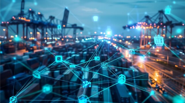 An illuminated port with digital transformation overlay, illustrating the future of global trade and technology's role