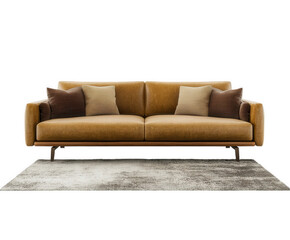 A luxurious mustard-colored leather sofa with decorative pillows on a modern rug.