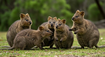 Fototapeta premium Adorable Quokkas Gathering: A heartwarming wildlife encounter in Australia's lush greenery