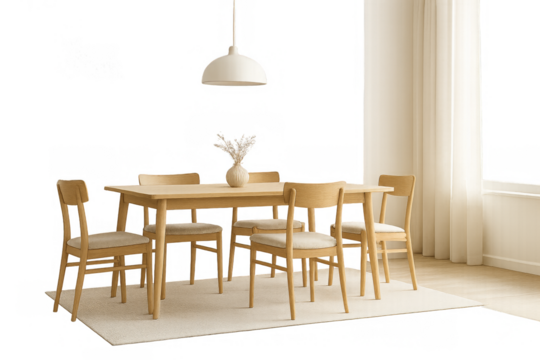 Elegant Dining Room: A minimalist dining room setup showcases a wooden table surrounded by chairs, complemented by a pendant lamp and subtle decor.