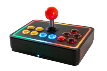 PNG Arcade gaming console with joystick and colorful buttons on black background