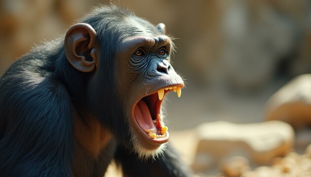 Chimpanzee with Mouth Open Showing Teeth, Aggressive Primate, Animal Portrait