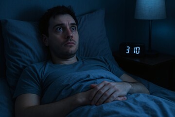 Man Struggling with Insomnia at 3 AM - Sleepless Night, Anxiety, Restlessness in Bed, Wide Awake Male in Dim Bedroom Lighting