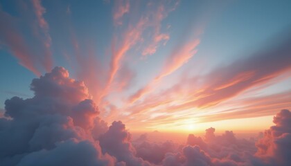 Pink pastel sky above fluffy clouds at serene sunset: aerial view of dreamlike cloudscape.