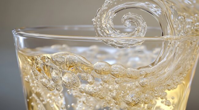 Sparkling liquid swirls elegantly into a clear glass, creating a dynamic wave-like effect with numerous bubbles