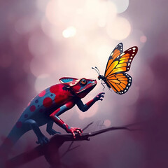 Vintage Film-Inspired Encounter: Emerald Chameleon & Blue Butterfly in Golden Cinematic Stillness