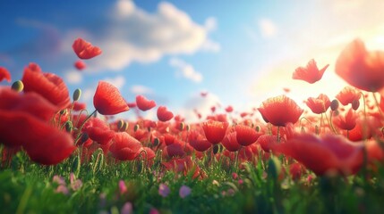 Fototapeta premium Vibrant Poppy Field Under Sunny Sky: A Stunning Floral Landscape of Red Poppies in Bloom