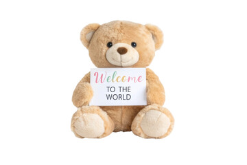 Obraz premium PNG Cute teddy bear holding welcome to the world sign