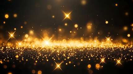 Obraz premium Festive scene with golden star pendants and glowing bokeh on a dark backdrop, suitable for winter holidays, party invitations, and decorative backgrounds